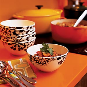 Chili is made in Le Creuset pots, then dished up into floral-pattern Missoni bowls from Barneys New York.